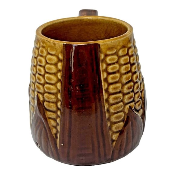 Vintage Majolica Corn Mug Set Signed Occupied Japan Brown Yellow Pottery Ceramic - Picture 5 of 12